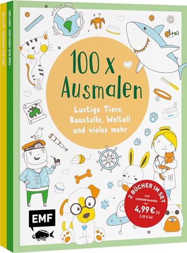 100 x Ausmalen – 2 Ausmal-Bücher im Bundle: Lustige Tiere, Baustelle, Weltall und vieles mehr von Edition Michael Fischer / EMF Verlag