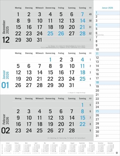 3-Monats-Planer, blau 2026: Praktischer Wandplaner mit Datumsschieber. Büro-Kalender mit Notizspalte und Jahresübersicht. Wandkalender 2026 fürs Büro. 30 x 39 cm. (Bürokalender Heye) von Heye