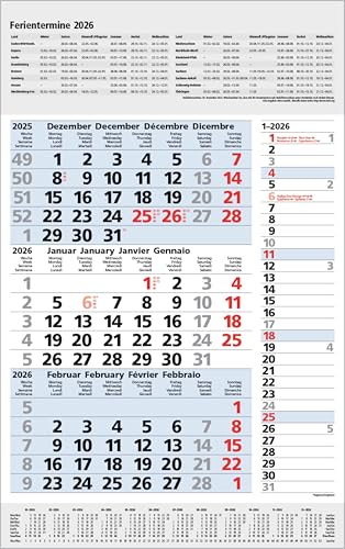 3-Monats-Planer Combi Blau 2026: 3-Monatskalender groß I Wandplaner / Bürokalender mit Datumsschieber, Ferienterminen, Vor-und Nachmonat und Jahresübersicht I extra Streifenplaner I 30 x 47,8 cm von Korsch Verlag