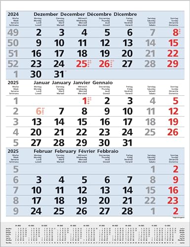 3-Monats-Planer Comfort Blau 2025: 3-Monatskalender groß I Wandplaner / Bürokalender mit Datumsschieber, Vor-und Nachmonat und Jahresübersicht I 30 x 39 cm von Korsch Verlag