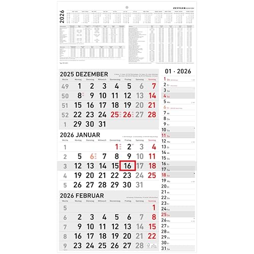 3-Monatskalender Kombi 2026 - Büro-Kalender 33x45 cm (geöffnet) mit Datumsschieber - Zettler - 957-0011 von ZETTLER Kalender