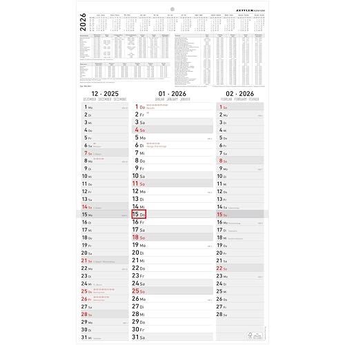 3-Monatskalender Streifenplaner 2026 - Büro-Kalender 33x58,8 cm (geöffnet) - mit Datumsschieber - Zettler - 955-0011 von ZETTLER Kalender