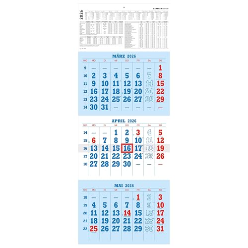 3-Monatskalender blau/rot 2026 - 29,7x78 - mit Kopftafel - gefaltet - Datumsschieber - 952-0000 von ZETTLER Kalender