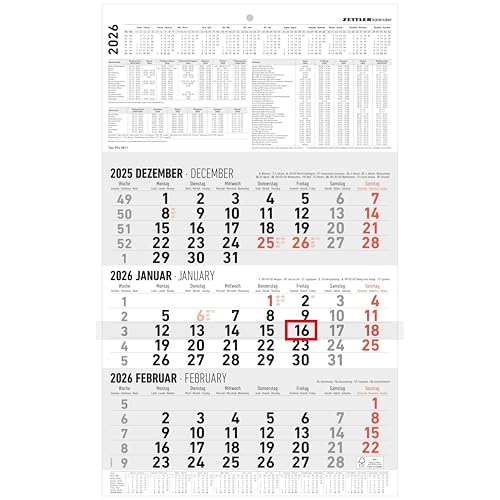 3-Monatskalender groß 2026 - Büro-Kalender 30x48,8 cm (geöffnet) - mit Datumsschieber - Zettler - 954-0011 von ZETTLER Kalender