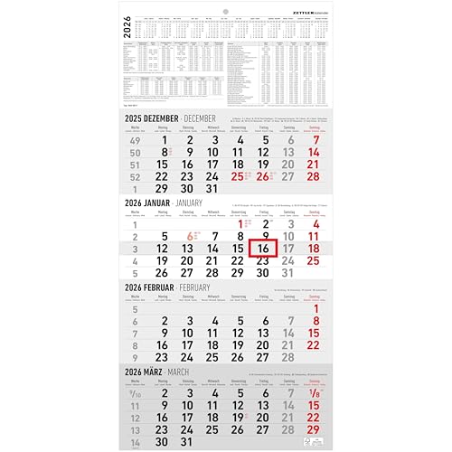 4-Monatskalender 2026 - Büro-Kalender 30x49 cm (geöffnet) - mit Datumsschieber - Zettler - 960-0011 von ZETTLER Kalender