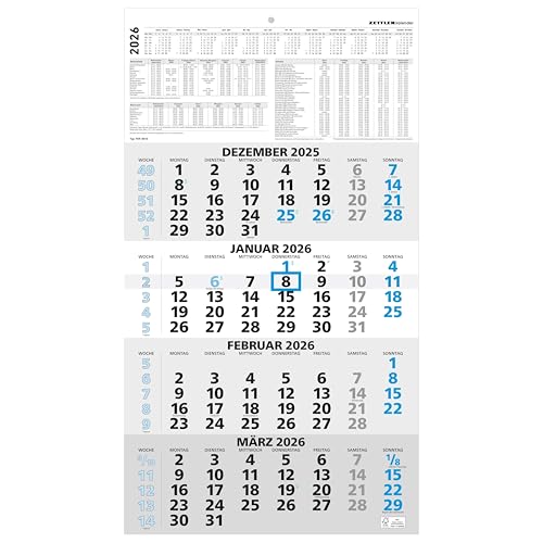 4-Monatskalender blau 2026 - 33x45 - mit Kopftafel - Datumsschieber - 959-0015-1 4-Monatskalender blau 2026 - 33x45 - mit Kopftafel - Datumsschieber - 959-0015-1 von ZETTLER Kalender