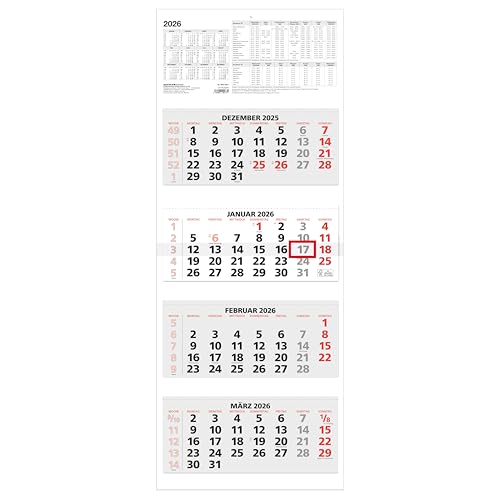 4-Monatskalender rot 2026 - 31x13,5 - mit Kopftafel - Datumsschieber - faltbar - 964-0011 von ZETTLER Kalender