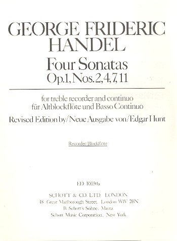 4 Sonatas: op. 1. Alt-Blockflöte und Basso Continuo (Klavier), Violoncello oder Viola da gamba ad libitum. Alt-Blockflöte. von Schott Music Ltd., London