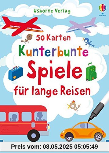 50 Karten: Kunterbunte Spiele für lange Reisen: mit abwischbarem Stift