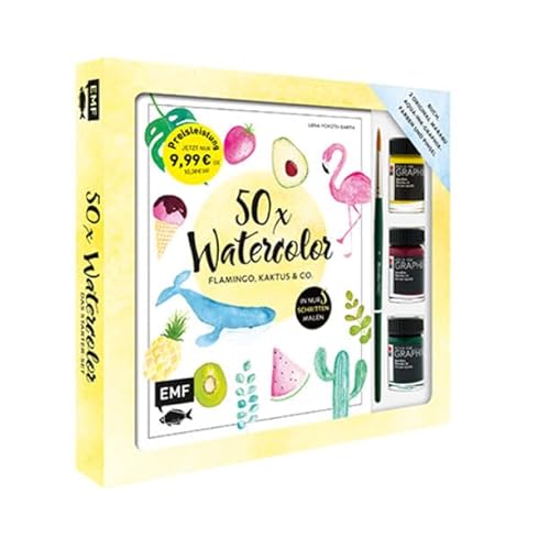 50 x Watercolor – Flamingo, Kaktus & Co. – Starter-Set – Sonderausgabe: Die beliebtesten Aquarellmotive in nur 5 Schritten – Buch, 3 original Marabu Aqua-Ink-Graphix-Farben und Pinsel von Edition Michael Fischer