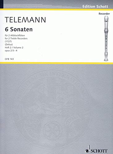 6 Sonaten: Nr. 3-4. Vol. 2. op. 2. 2 Alt-Blockflöten (Flöten). Spielpartitur.: No. 3-4. op. 2. 2 treble recorders (flutes). Partition d'exécution. (Originalmusik für Blockflöte)