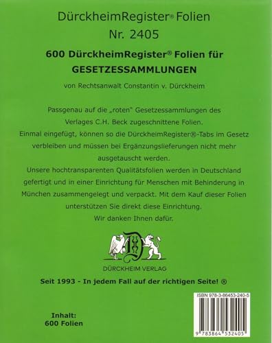 600 DürckheimRegister®-FOLIEN für STEUERGESETZE u.a; zum Einheften und Unterteilen der Gesetzessammlungen: 600 transparente FOLIEN für HABERSACK, ... H. Beck zum Einheften der DürckheimRegister® von Dürckheim Verlag