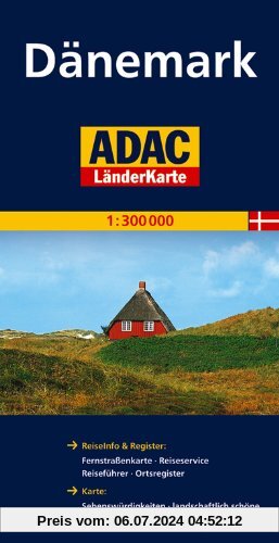 ADAC Länderkarte Dänemark 1:300.000: Register: Legende, Citypläne, Ortsregister mit PLZ. Karte: Sehenswürdigkeiten, Natur- und Nationalparks, landschaftlich schöne Strecken