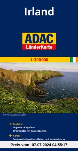 ADAC Länderkarte Irland 1:300.000: Register: Legende, Citypläne, Ortsregister mit Postleitzahlen. Karte: Sehenswürdigkeiten, Natur- und Nationalparks, landschaftlich schöne Strecken