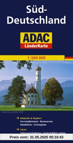 ADAC Länderkarte Süd-Deutschland 1:500.000: Register: Legende, Zufahrtskarten, Citypläne, Autokennzeichen, Ortsregister mit Postleitzahlen. Karte: ... Nationalparks, landschaftlich schöne Strecken