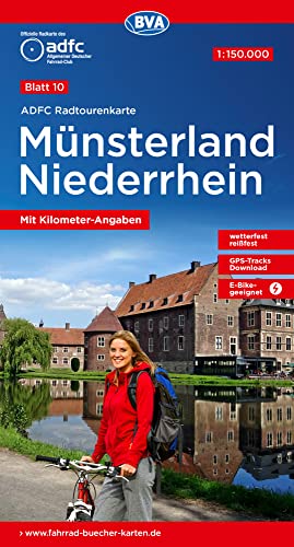 ADFC-Radtourenkarte 10 Münsterland Niederrhein 1:150.000, reiß- und wetterfest, E-Bike geeignet, GPS-Tracks Download, mit Bett+Bike-Symbolen, mit ... (ADFC-Radtourenkarte 1:150.000, Band 10) von BVA BikeMedia