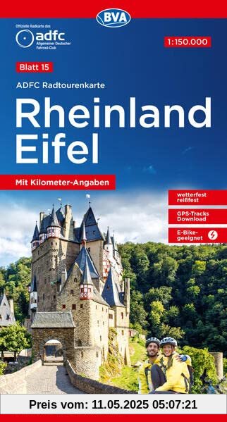 ADFC-Radtourenkarte 15 Rheinland /Eifel 1:150.000, reiß- und wetterfest, E-Bike geeignet, GPS-Tracks Download, mit Bett+Bike Symbolen, mit Kilometer-Angaben (ADFC-Radtourenkarte 1:150.000)