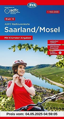 ADFC-Radtourenkarte 19 Saarland /Mosel 1:150.000, reiß- und wetterfest, E-Bike geeignet, GPS-Tracks Download, mit Bett+Bike Symbolen, mit Kilometer-Angaben (ADFC-Radtourenkarte 1:150.000)