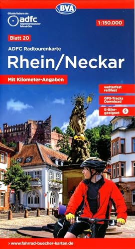 ADFC-Radtourenkarte 20 Rhein /Neckar 1:150.000, reiß- und wetterfest, E-Bike geeignet, GPS-Tracks Download, mit Bett+Bike Symbolen, mit Kilometer-Angaben (ADFC-Radtourenkarte 1:150.000, Band 20) von BVA BikeMedia