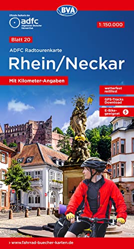 ADFC-Radtourenkarte 20 Rhein /Neckar 1:150.000, reiß- und wetterfest, E-Bike geeignet, GPS-Tracks Download, mit Bett+Bike Symbolen, mit Kilometer-Angaben (ADFC-Radtourenkarte 1:150.000, Band 20) von BVA BikeMedia