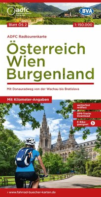 ADFC-Radtourenkarte ÖS2 Österreich Wien Burgenland 1:150:000, reiß- und wetterfest, E-Bike geeignet, GPS-Tracks Download, mit Bett+Bike Symbolen, mit Kilometer-Angaben von BVA BikeMedia