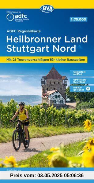 ADFC-Regionalkarte Heilbronner Land - Stuttgart Nord 1:75.000, reiß- und wetterfest, mit kostenlosem GPS-Download der Touren via BVA-website oder ... Rauszeiten (ADFC-Regionalkarte 1:75000)