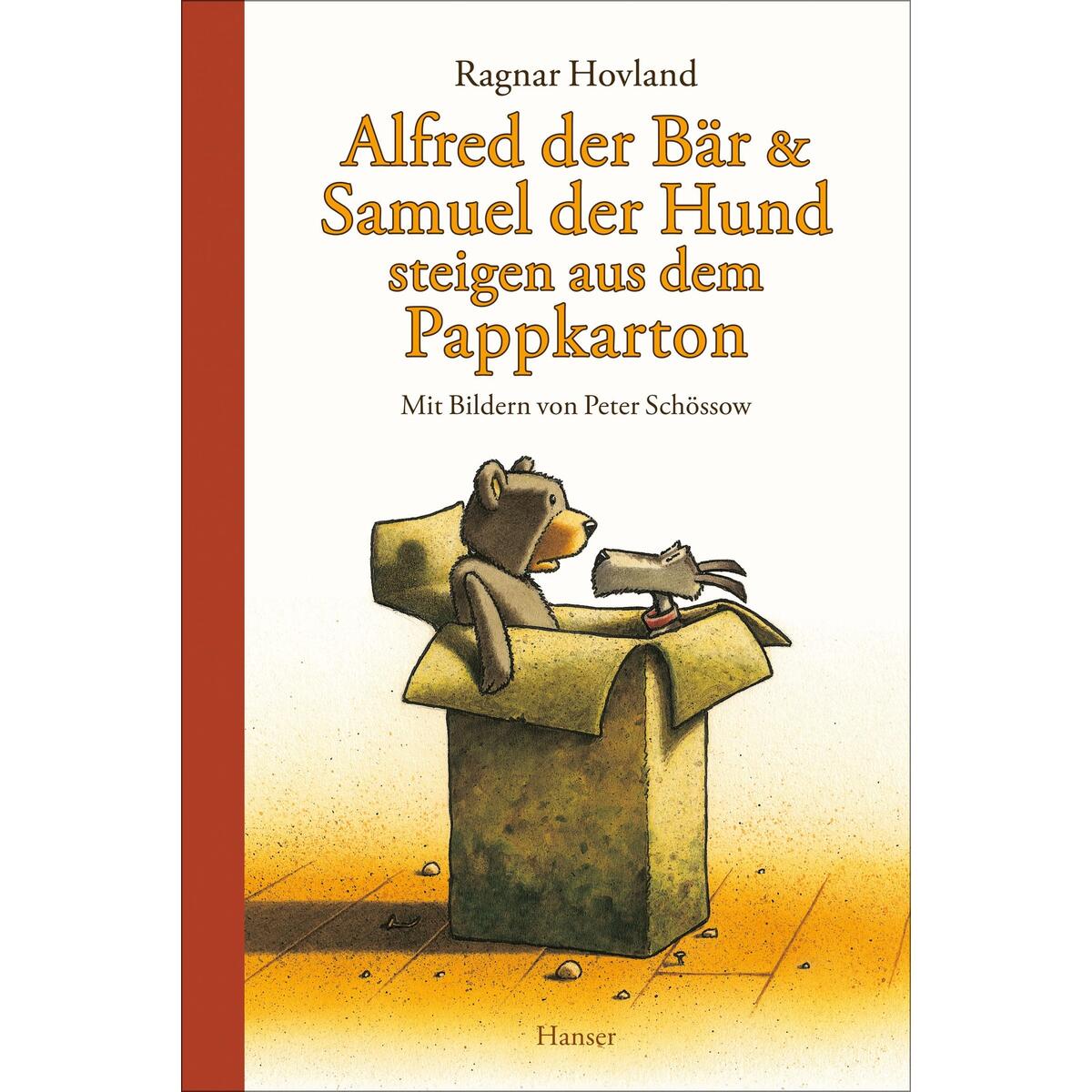 Alfred der Bär und Samuel der Hund steigen aus dem Pappkarton von Hanser, Carl GmbH + Co.