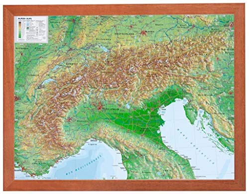 Alpen klein mit Rahmen 1:2.4MIO: Reliefkarte Alpenbogen klein mit Holzrahmen: Tiefgezogenes Kunststoffrelief von georelief Vertriebs GbR