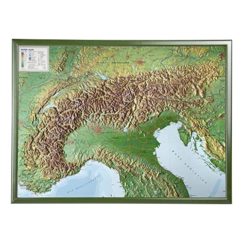 Alpen mit Rahmen 1:1.2MIO: Reliefkarte vom Alpenbogen mit grünfarbenen Holzrahmen von georelief Vertriebs GbR