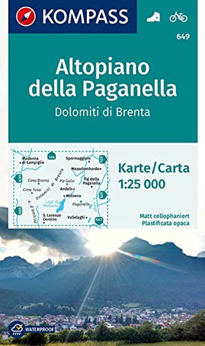 KOMPASS Wanderkarte 649 Altopiano della Paganella, Dolomiti di Brenta 1:25.000: markierte Wanderwege, Hütten, Radrouten von Kompass