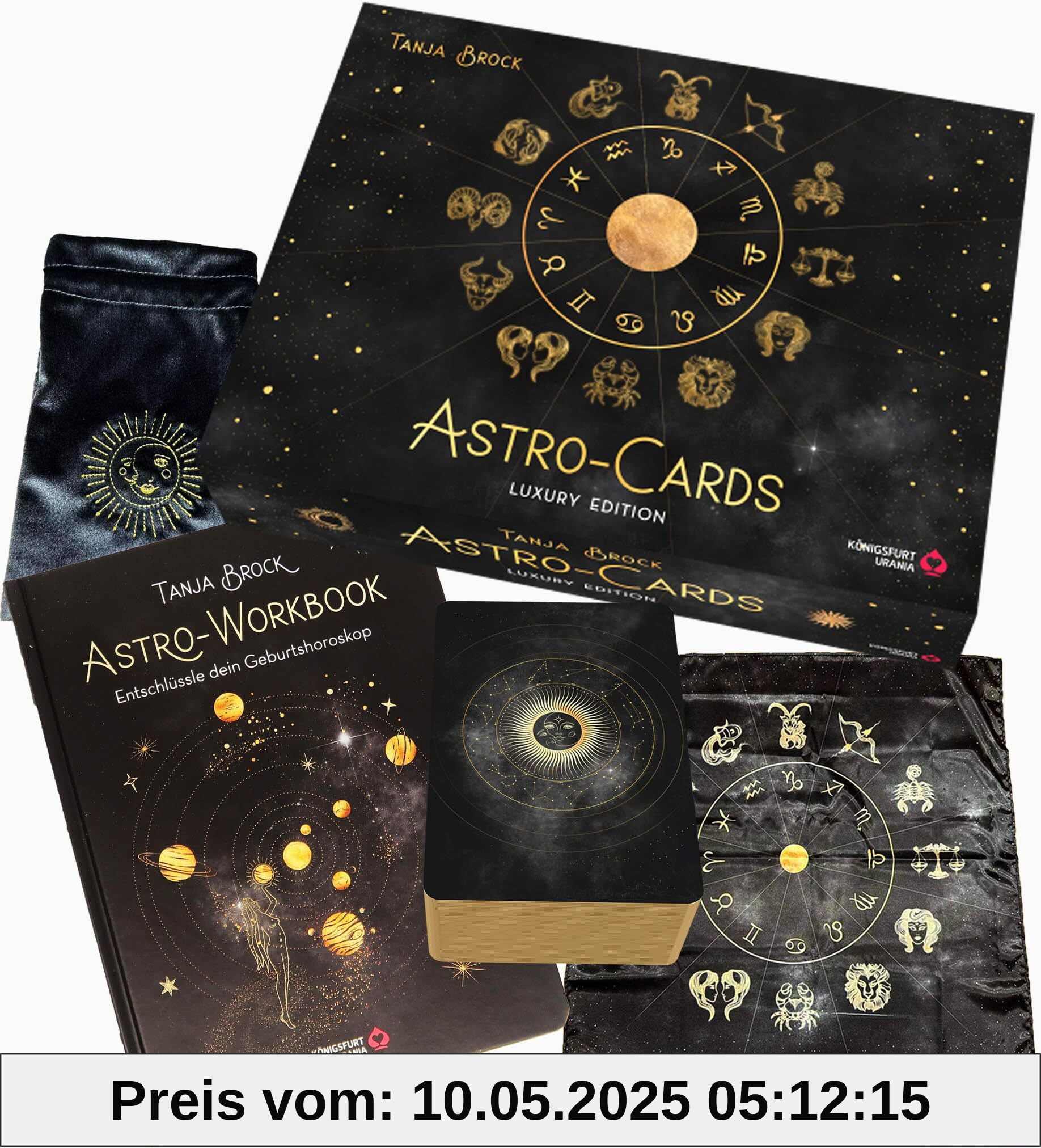 Astro-Cards - Luxury Edition: großformatige Box mit Goldprägung, 43 Karten mit Goldprägung und Goldschnitt, Samtbeutel mit Zugband, ein Legetuch und mit Workbook: Samtbeutel, Legetuch, Workbook,