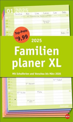 Basic Familienplaner XL 2025: Familienkalender mit 6 Spalten. Praktischer Familien-Wandkalender mit Schulferien. Extra breiter Terminkalender. 27 x 45 cm. (Familienplaner Heye) von Heye