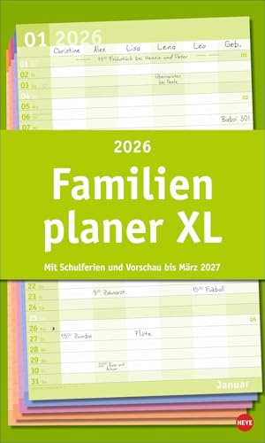 Basic Familienplaner XL 2026: Familienkalender mit 6 Spalten. Praktischer Familien-Wandkalender mit Schulferien. Extra breiter Terminkalender. 27 x 45 cm. (Familienplaner Heye) von Heye