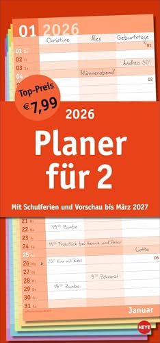 Basic Planer für zwei 2026: Praktischer Wandplaner für 2 mit 3 Spalten. Wandkalender mit Schulferien und 3-Monats-Ausblick aufs Folgejahr. Terminkalender 2026 zum Eintragen. (Basic Planer Heye) von Heye