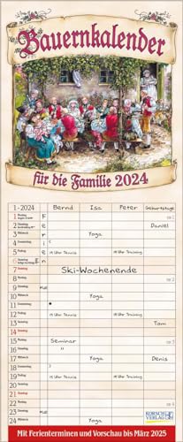 Bauernkalender 2024: Familienplaner - 4 große Spalten mit viel Platz. Hochwertiger Familienkalender mit netten Bildern, Ferienterminen und Vorschau bis März 2025. 19 x 46 cm. von Korsch Verlag