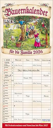 Bauernkalender 2026: Familienplaner - 4 große Spalten mit viel Platz. Hochwertiger Familienkalender mit netten Bildern, Ferienterminen und Vorschau bis März 2027. 19 x 46 cm. von Korsch Verlag