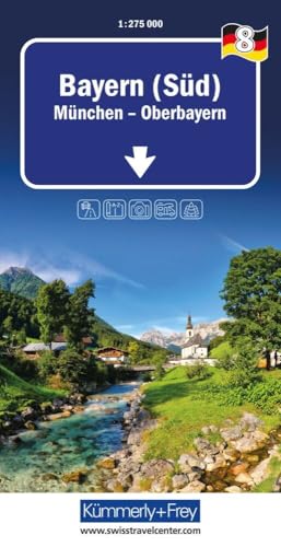 Bayern (Süd) Nr. 8 Regionalkarte Deutschland 1:275 000: München - Oberbayern. Mit Reiseinformationen, Index, Sehenswürdigkeiten, Camping, National Parks. (Kümmerly+Frey Regional-Strassenkarte, Band 8) von Kümmerly+Frey