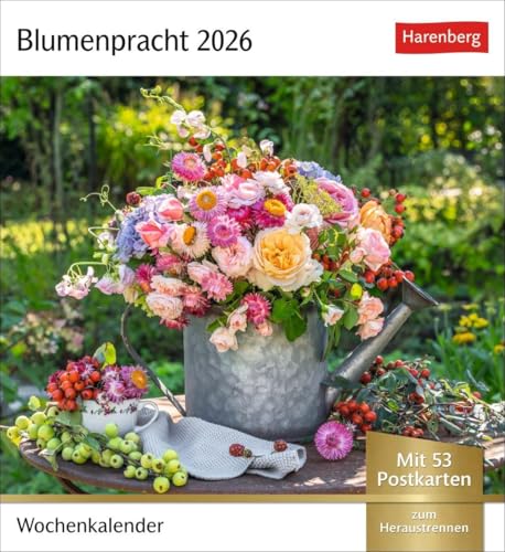 Blumenpracht Postkartenkalender 2026 - Wochenkalender mit 53 Postkarten: Kalender mit 53 traumhaften Fotos von Blumensträußen und Blüten. Blumen-Kalender 2026 mit Postkarten von Harenberg
