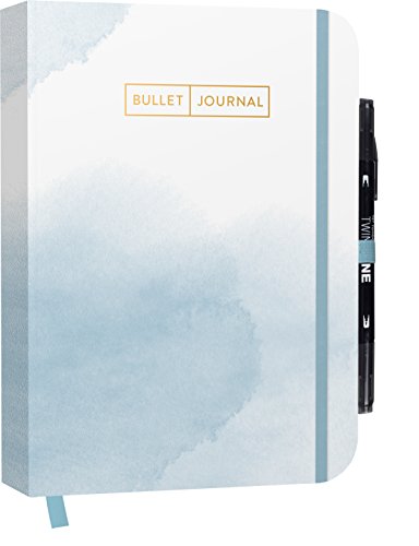Bullet Journal "Watercolor Blue" 05 mit original Tombow TwinTone Dual-Tip Marker 33 black: Mit Punkteraster, Seiten für Index, Key und Future Log ... Stiftehalter und praktischem Verschlussband von EMF Edition Michael Fischer