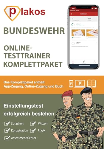 Einstellungstest Bundeswehr: Buch mit Online-Testtrainer und Lern-App | Eignungstest im Auswahlverfahren erfolgreich bestehen | 2.500 Aufgaben und ... ... Computertest, Logik, Konzentration, Sprache von Plakos GmbH