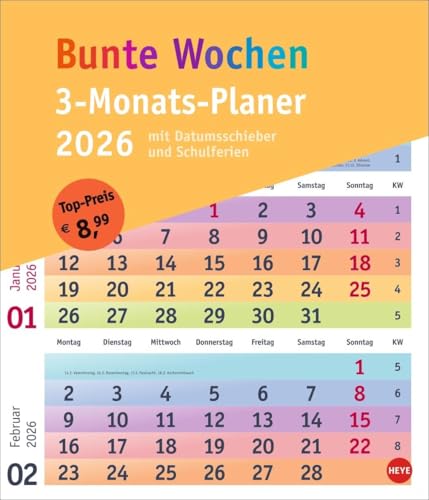 Bunte Wochen 3-Monatsplaner 2026: Farbenfroh und übersichtlich: Wandkalender 2026 mit 3-Monats-Ansicht, Datumsschieber und Schulferien. Neutraler ... Überblick (Bunte Wochen Planer Heye) von Heye