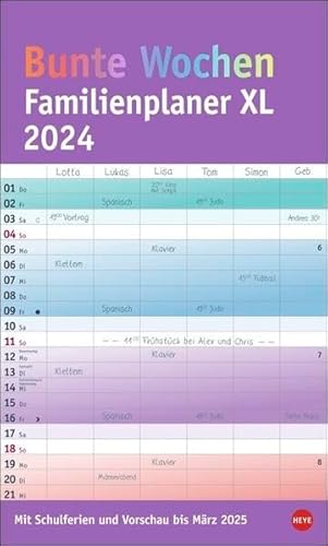 Bunte Wochen Familienplaner XL 2024. Familienkalender mit 6 Spalten. Praktischer Familien-Wandkalender mit Schulferien. Extra breiter Terminkalender. von Heye