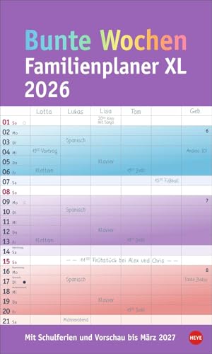Bunte Wochen Familienplaner XL 2026: Familienkalender mit 6 Spalten. Praktischer Familien-Wandkalender mit Schulferien. Extra breiter Terminkalender. (Familienplaner Heye) von Heye
