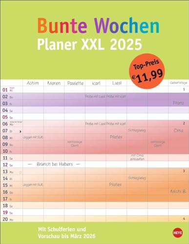Bunte Wochen Planer XXL 2025: Praktischer Kalender 2025: 8 Spalten bieten Platz für Termine und Organisatorisches. Komplett mit Schulferien und ... Großes Format 34 x 44 cm (Bürokalender Heye) von Heye