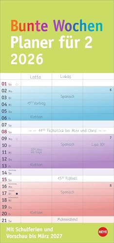 Bunte Wochen Planer für 2 2026: Praktischer Wandplaner für zwei mit 3 Spalten. Wandkalender mit Schulferien und 3-Monats-Ausblick aufs Folgejahr. ... zum Eintragen. (Bunte Wochen Planer Heye) von Heye