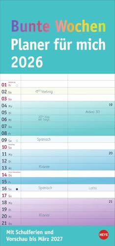 Bunte Wochen Planer für mich 2026: Praktischer Wandplaner mit 2 Spalten. Wandkalender mit Schulferien und 3-Monats-Ausblick aufs Folgejahr. Terminkalender 2026 zum Eintragen. (Familienplaner Heye) von Heye