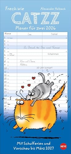 Catzz Planer für zwei 2026: Lustiger Wandplaner für zwei. Partnerkalender mit 2 Spalten. Terminkalender mit witzigen Cartoon-Katzen. Wandkalender für 2 Personen. (Familienplaner Heye) von Heye