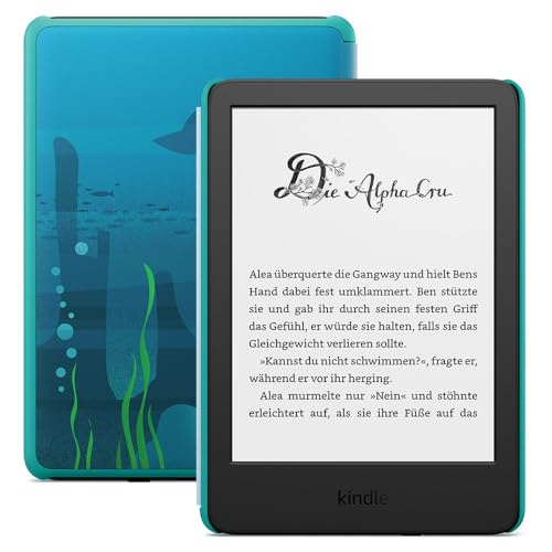 Amazon Kindle Kids (16 GB) – Falls das Gerät kaputtgeht, ersetzen wir es. Inklusive altersgerechter Bücher, Hülle, blendfreiem Bildschirm und schnellerem Umblättern – Ozeanentdecker-Design von Amazon