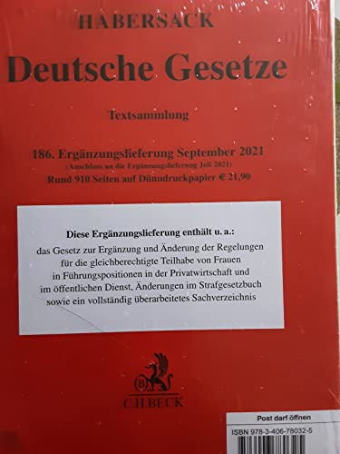 Deutsche Gesetze 186. Ergänzungslieferung: Rechtsstand: 17. September 2021