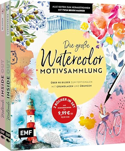 Die große Watercolor-Motivsammlung – über 90 Bilder zum Fertigmalen: Mit Grundlagen und Übungen – Alle Seiten zum Heraustrennen – Mit Twin Brush Marker | 2 Bücher im Set von Edition Michael Fischer / EMF Verlag